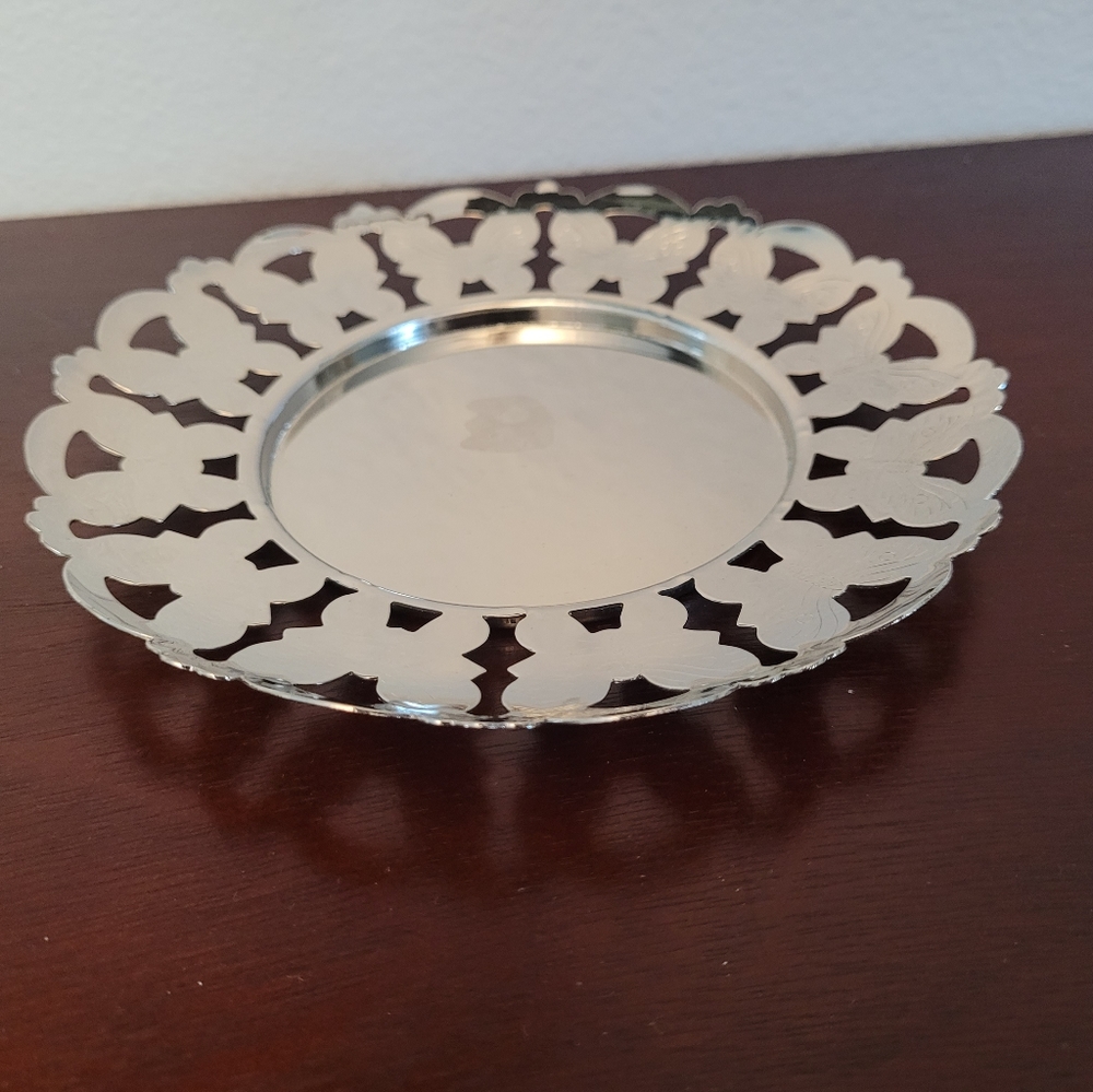 Vintage chrome finish tea cup plate with butterfly detailed rim